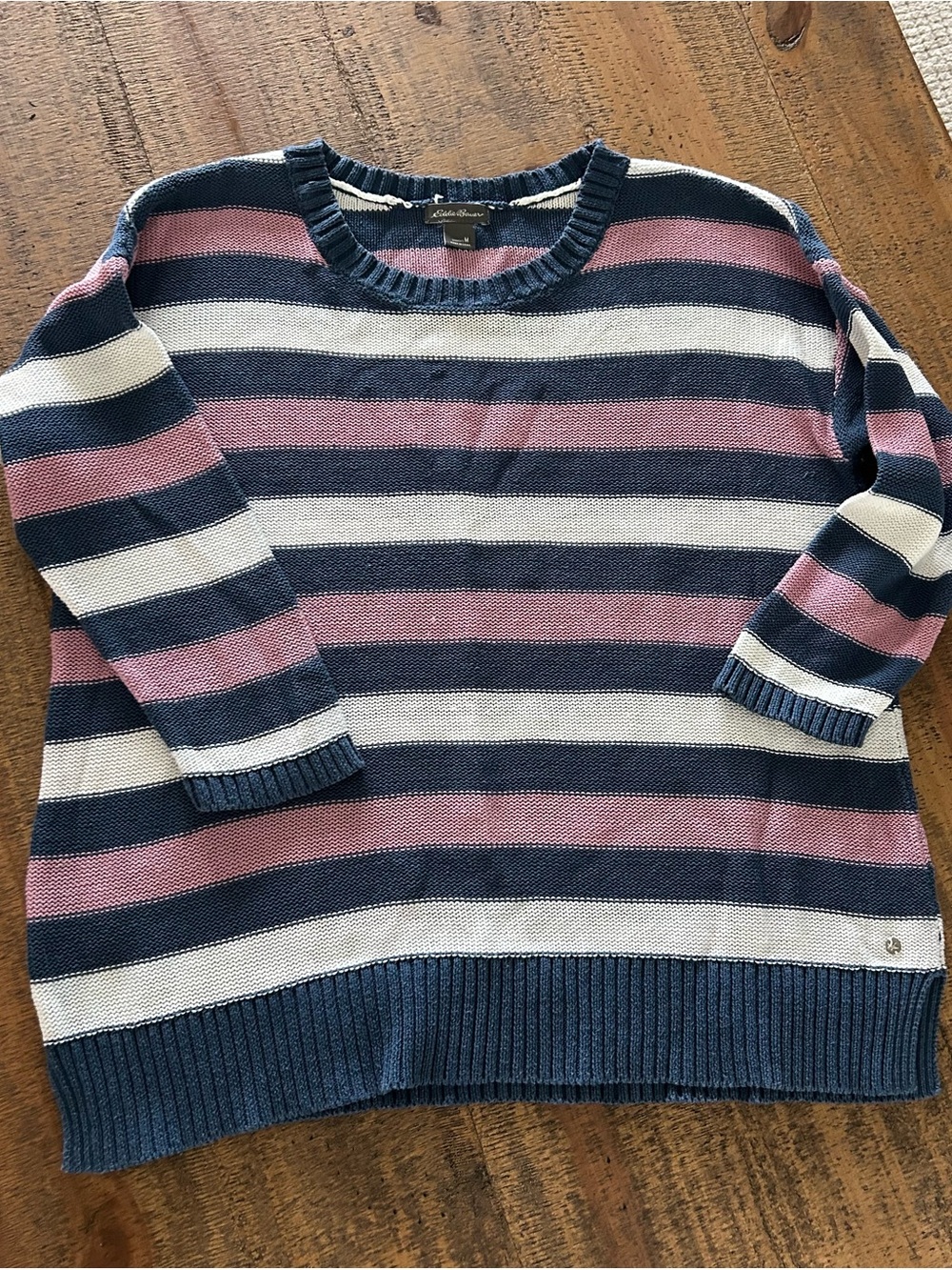Eddie Bauer Navy, Pink & white Striped Crewneck Sweater